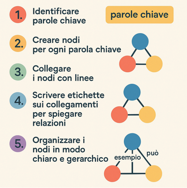 Schema del processo di creazione di una mappa concettuale passo dopo passo