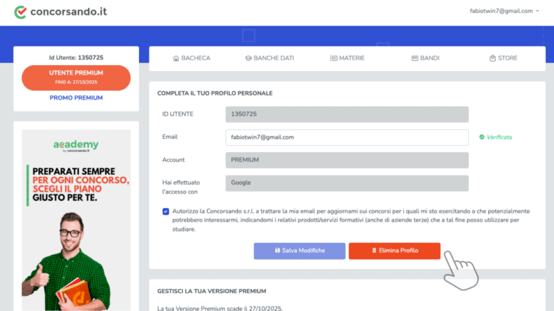 Simulatore quiz - Elimina il mio account
