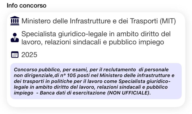 Banca dati di esercitazione (NON UFFICIALE) - Concorso MIT Funzionario Specialista  giuridico-legale in ambito di diritto del lavoro, relazioni sindacali e pubblico impiego