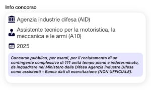 Banca dati di esercitazione (NON UFFICIALE) - Concorso AID 2025 per Assistenti meccanici per la motoristica, la meccanica e le armi
