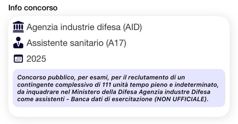 Banca dati di esercitazione (NON UFFICIALE) - Concorso AID 2025 assistenti sanitari (A17)