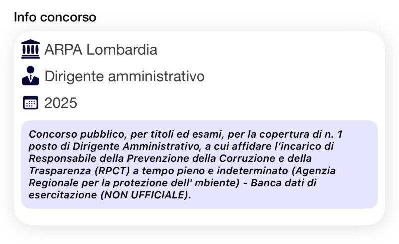Banca dati di esercitazione (NON UFFICIALE) per Concorso ARPA Lombardia Dirigenti Amministrativi