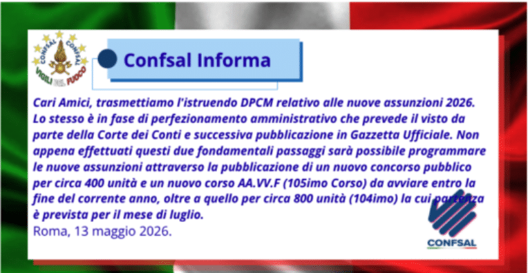CONFSAL Informa - DPCM assunzioni Vigili del Fuoco 2026