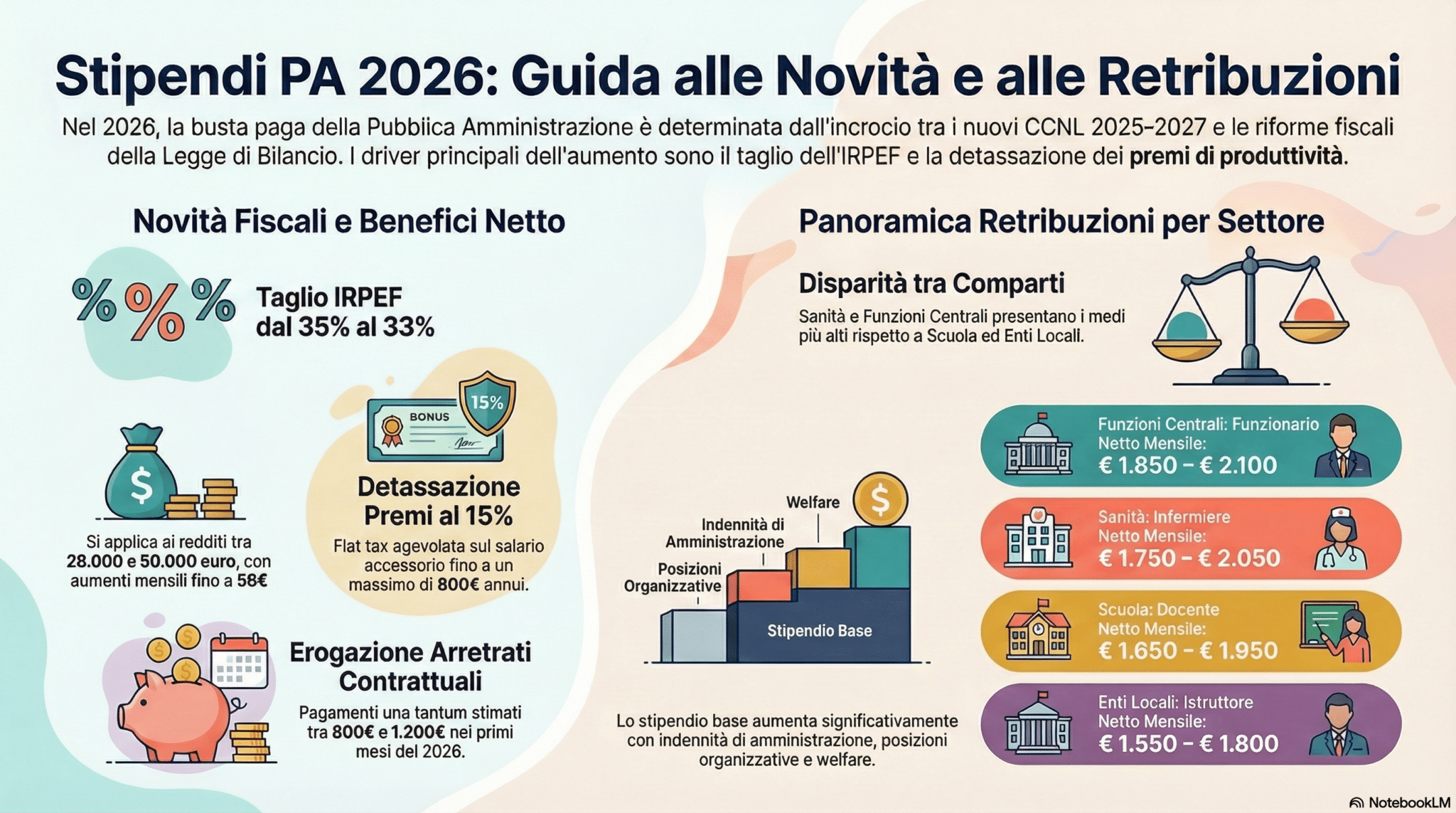 Infografica stipendi PA 2026 per comparto